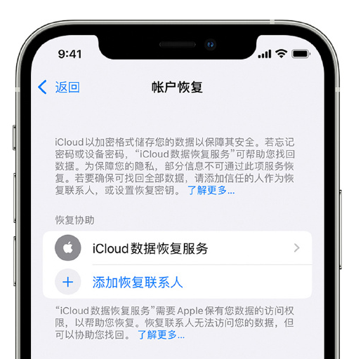 同江苹果手机维修分享在 iPhone 上设置帐户恢复联系人的方法 