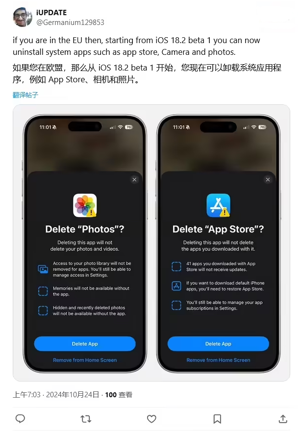 同江苹果手机维修分享iOS 18.2 支持删除 App Store 应用商店 